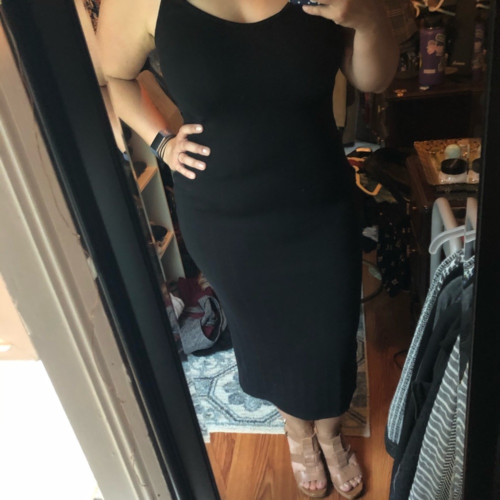 Black Ribbed Body Con Midi Dress